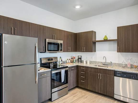 a kitchen with stainless steel appliances and wooden cabinets at Elements on Third Apartments, St. Petersburg, FL, 33713