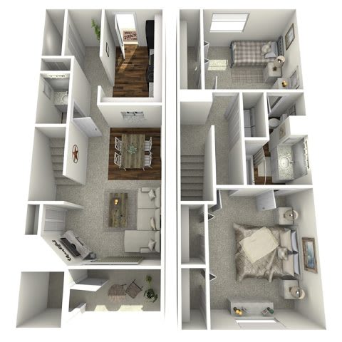 two different views of a house and a floor plan