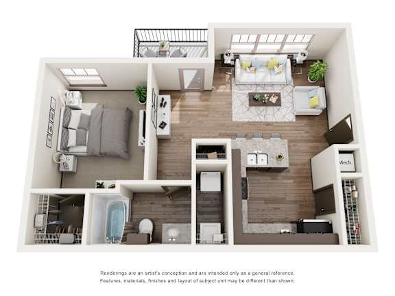 A modern apartment layout with a kitchen, living room, and bathroom.