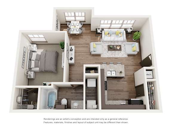 Floor Plan  A modern house interior with a kitchen, living room, and bedrooms.