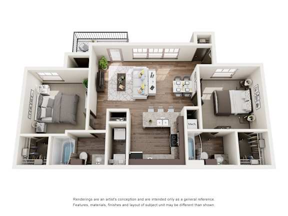 A floor plan of a house with a kitchen, living room, and two bedrooms.