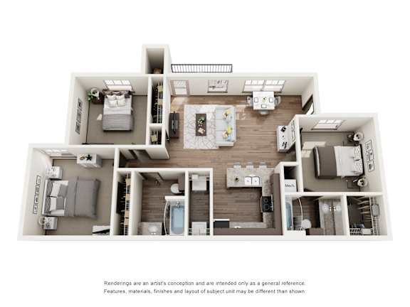 A floor plan of a house with three bedrooms, a living room, a kitchen, and a bathroom.
