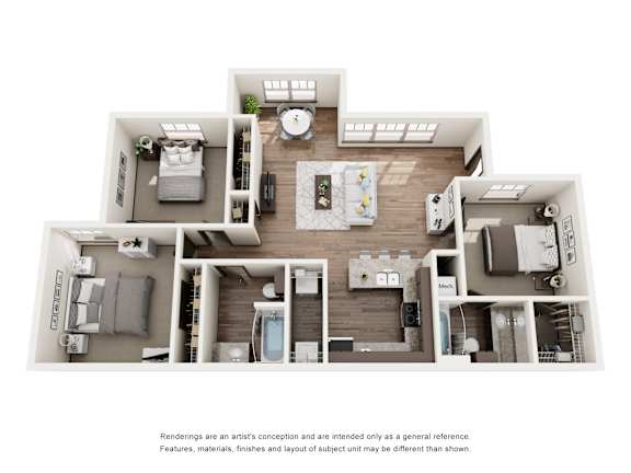 A floor plan of a house with a kitchen, living room, and bedrooms.
