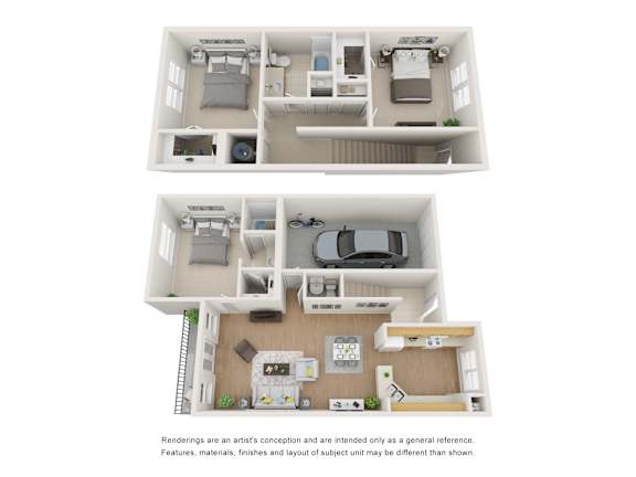 a stylized view of a 3 bedroom floor plan and a floor plan with 2