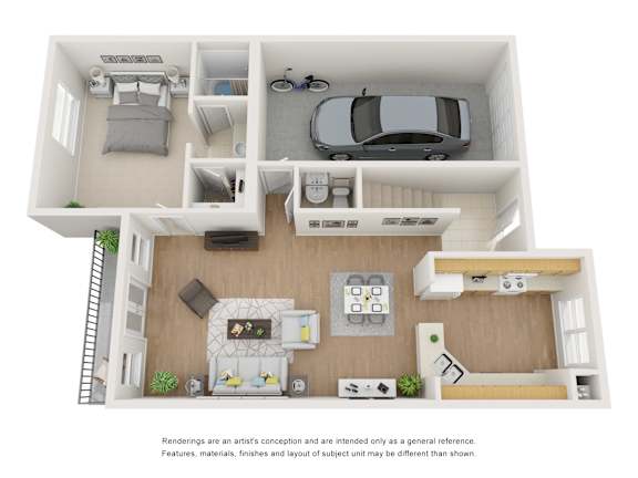 a stylized floor plan of a 1 bedroom192 sq ft house