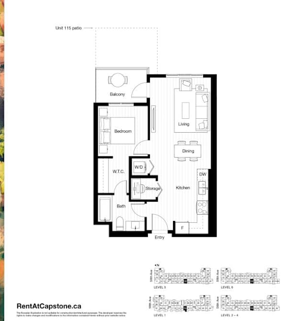 A floor plan for a unit at 115 patio is shown with a balcony, bedroom, living room, dining room, storage, kitchen, and bath.
