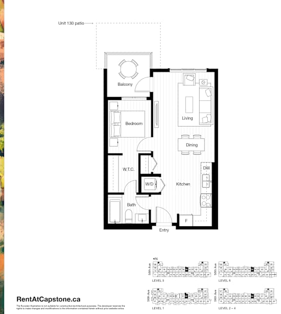 A floor plan for a unit at 130 Park shows the layout of the bedrooms, bathrooms, and common areas.