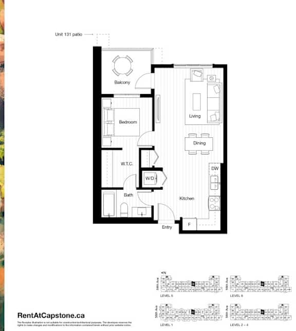 A floor plan for Unit 131 shows a layout with a balcony, bedroom, living room, dining room, bathroom, kitchen, and an entry/fireplace area.
