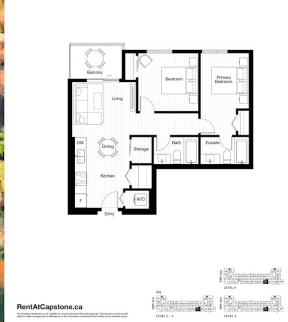 A black and white image of a floor plan for a two-level home with a balcony, two bedrooms, a living room, a dining room, a kitchen, a bathroom, and an entry way.