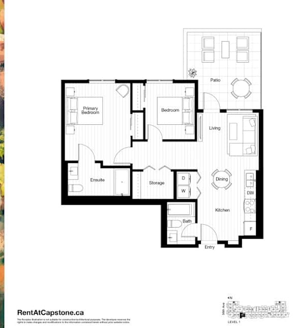 A black and white image of a floor plan for a two-bedroom apartment.