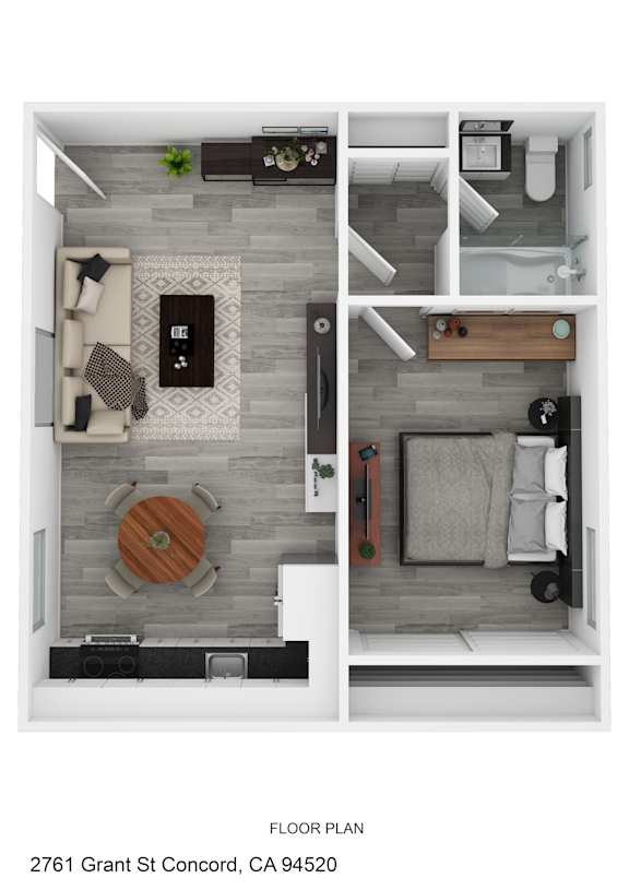 a stylized floor plan with a bedroom and a living room
