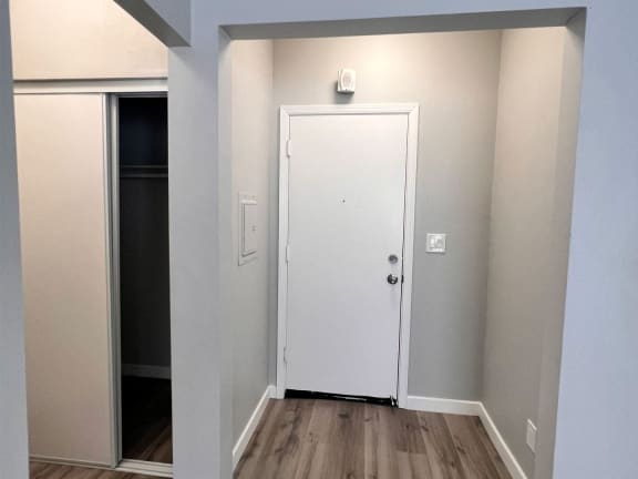 a room with a white door and a hallway with a door to a closet