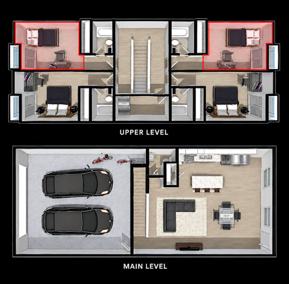 A diagram shows the layout of a house with two levels, an upper level and a main level, with labeled sections.