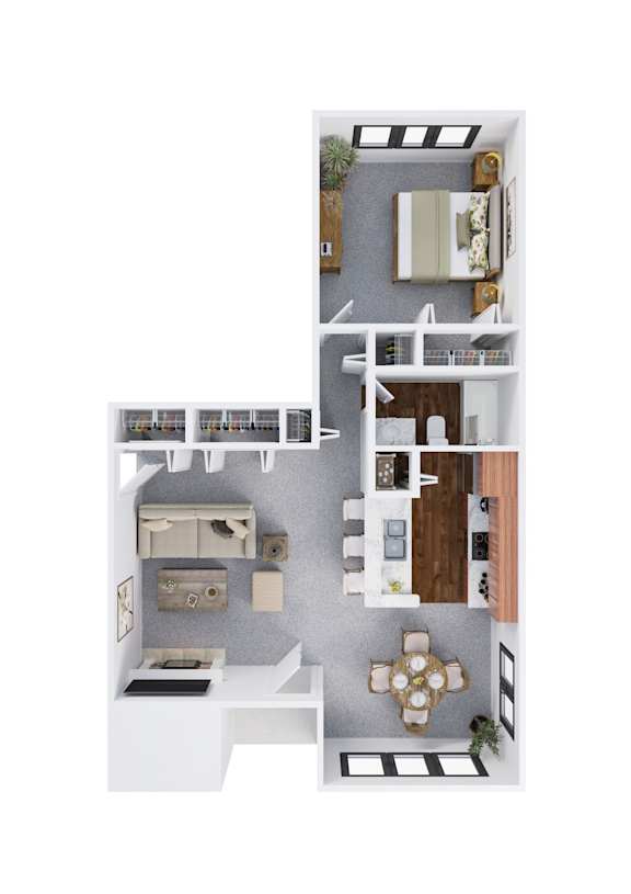 A floor plan of a house with a kitchen, living room, dining room, and bathroom.
