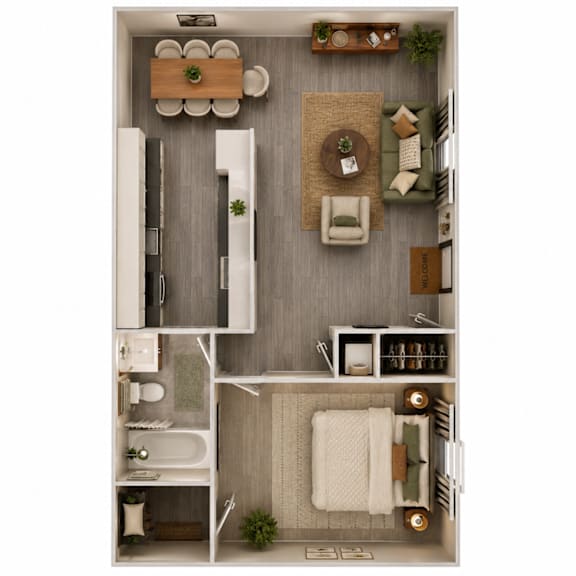 A top-down view of a small, neatly organized apartment with a kitchen, living room, and bathroom.