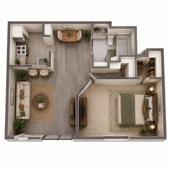 Floor Plan  A top-down view of a modern apartment layout with a living room, kitchen, and bedroom.