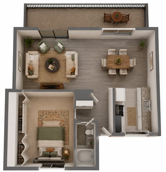 A top-down view of a living room with a dining area and a bedroom.