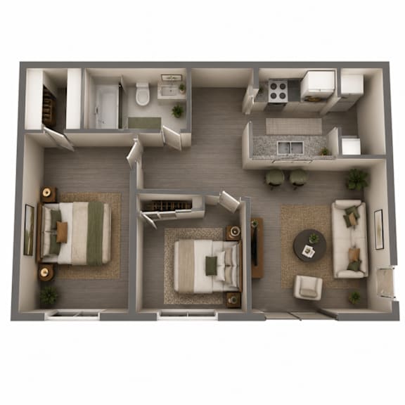 A top-down view of a modern apartment layout with a living room, kitchen, and bedroom.