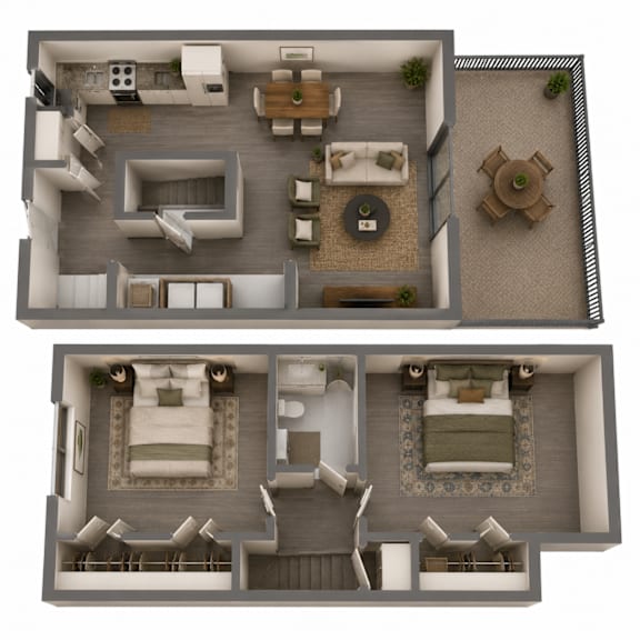 A top and bottom floor plan of a house with a living room, dining room, kitchen, and bedrooms.