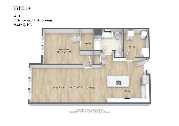 A floor plan of a Type 1A apartment with a bedroom, living room, kitchen, and bathroom.