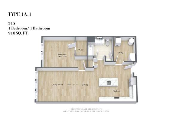 A diagram of a TYPE 1A.1 floor plan with 315 square feet, featuring one bedroom, one bathroom, a living room, dining area, kitchen, and a workspace.