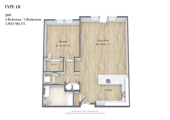 A diagram of a Type 1B apartment with a bedroom, living room, kitchen, and bathroom.