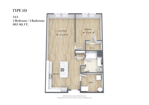 A floor plan of a TYPE 1D apartment with 313 square feet, including a living room, kitchen, utility, and bedroom with bathroom.
