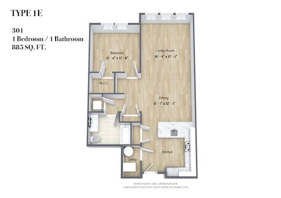 A diagram of a Type 1E apartment with a living room, dining room, kitchen, and bathroom.