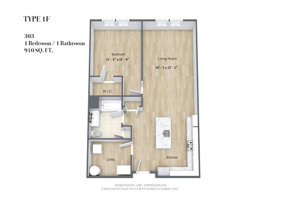 A diagram of a 1F apartment with a bedroom, living room, kitchen, and utility area.