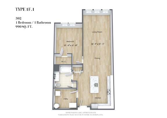 A floor plan of a 1 bedroom apartment with a living room, dining room, kitchen, and bathroom.
