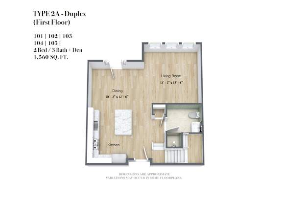 A floor plan for a TYPE 2A Duplex (First Floor) showing a living room, dining area, kitchen, and bathroom.