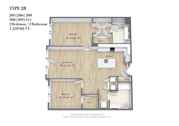 A Type 2B floor plan for a 2 bedroom, 2 bathroom apartment sized at 1,220 square feet.