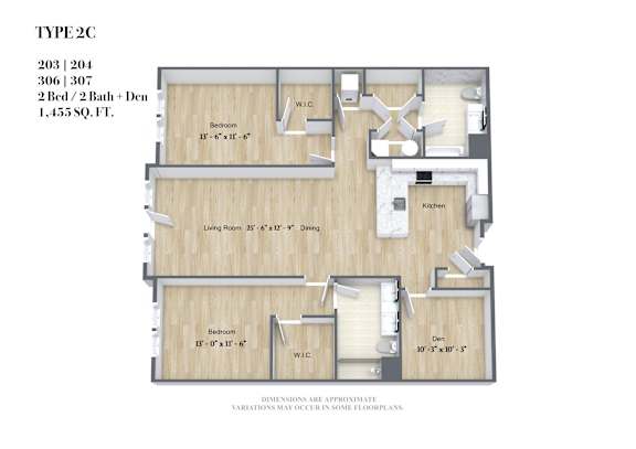 A diagram of a Type 2C floor plan with two bedrooms, two bathrooms, a living room, and a kitchen.