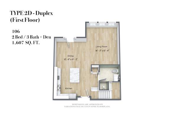 A floor plan for a TYPE 2D Duplex (First Floor) with a kitchen, dining area, and living room.