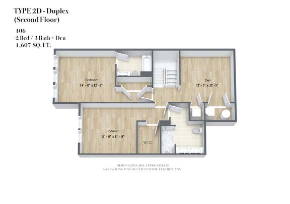 A floor plan for a TYPE 2D- Duplex (Second Floor) with 106 square feet, including two bedrooms, a bathroom, and a den.
