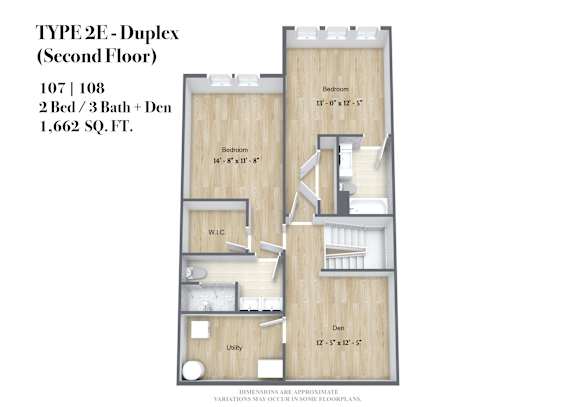 A floor plan for a TYPE 2E - Duplex (Second Floor) with dimensions and approximate bedroom sizes.