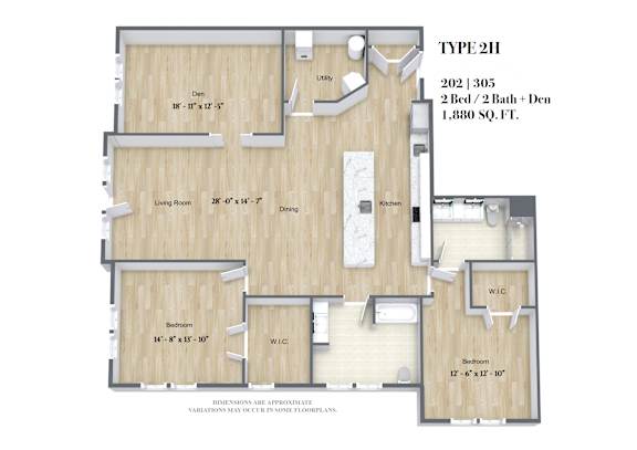 A Type 2H floor plan for a 2 Bedroom, 2 Bathroom, 1,880 square foot home.