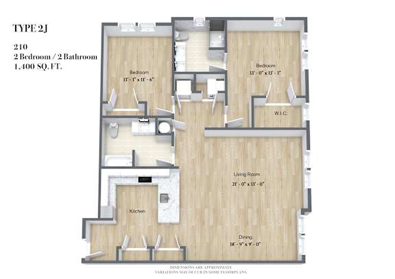 A Type 2J apartment floor plan with 210 square feet, 2 bedrooms, and 1 bathroom.