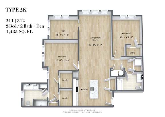 A floor plan for a Type 2K apartment with two bedrooms, two bathrooms, and a den, totaling 1,435 square feet.
