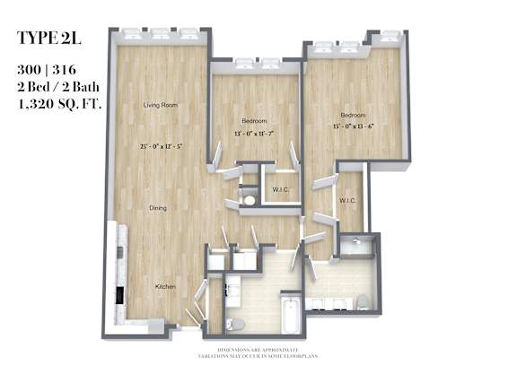 A floor plan of a 2 bedroom, 2 bathroom apartment.