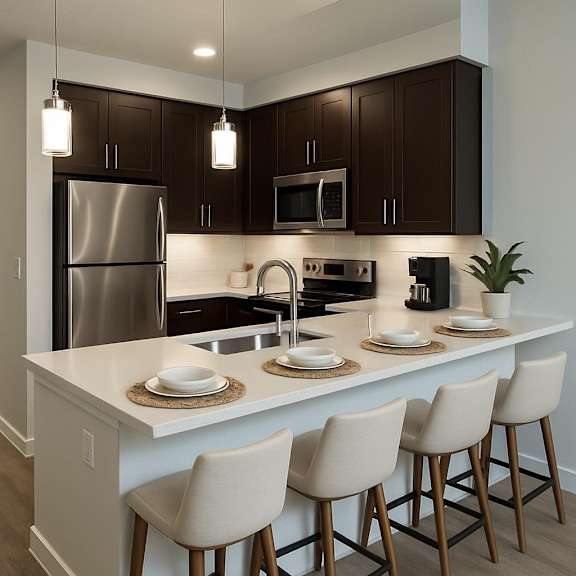 Kitchen island with bar seating and dark cabinetry at Arden at Corinth Apartments, Corinth