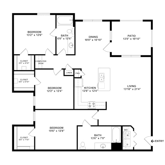 3 Bed 2 Bath Floor Plan at 901 Rendon, Texas, 76028