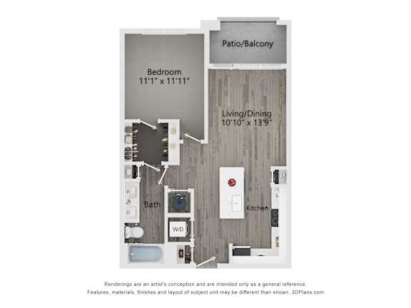 A 3D floor plan of a small apartment with a living room, dining room, kitchen, bathroom, and bedroom.