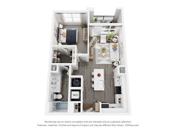 A 3D floor plan of a small apartment with a kitchen, living room, and bathroom.