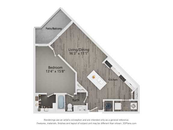 A diagram of a house layout with a living area, kitchen, bathroom, and bedroom.