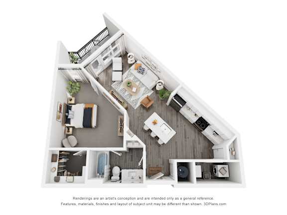 A 3D floor plan of a house with a kitchen, living room, and bathroom.