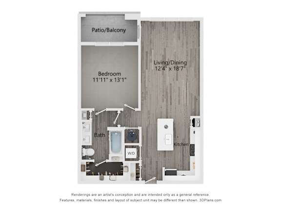 A floor plan of a small apartment with a living room, dining room, bedroom, and bathroom.
