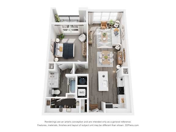 A floor plan of a small apartment with a kitchen, living room, and bathroom.