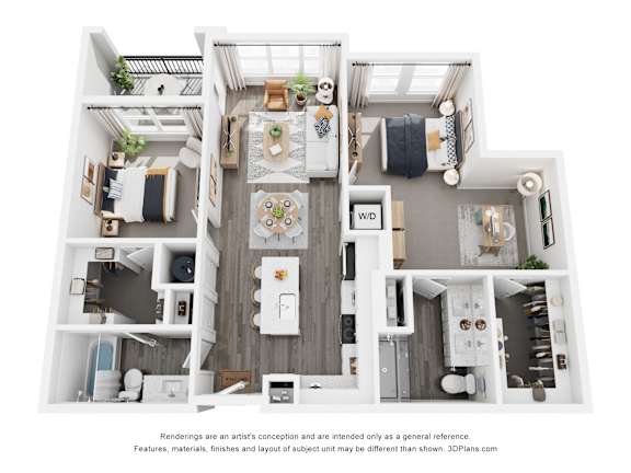 A 3D floor plan of a house with a kitchen, living room, and bathroom.