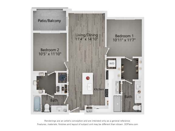 A floor plan of a small apartment with a living room, two bedrooms, a bathroom, and a patio.
